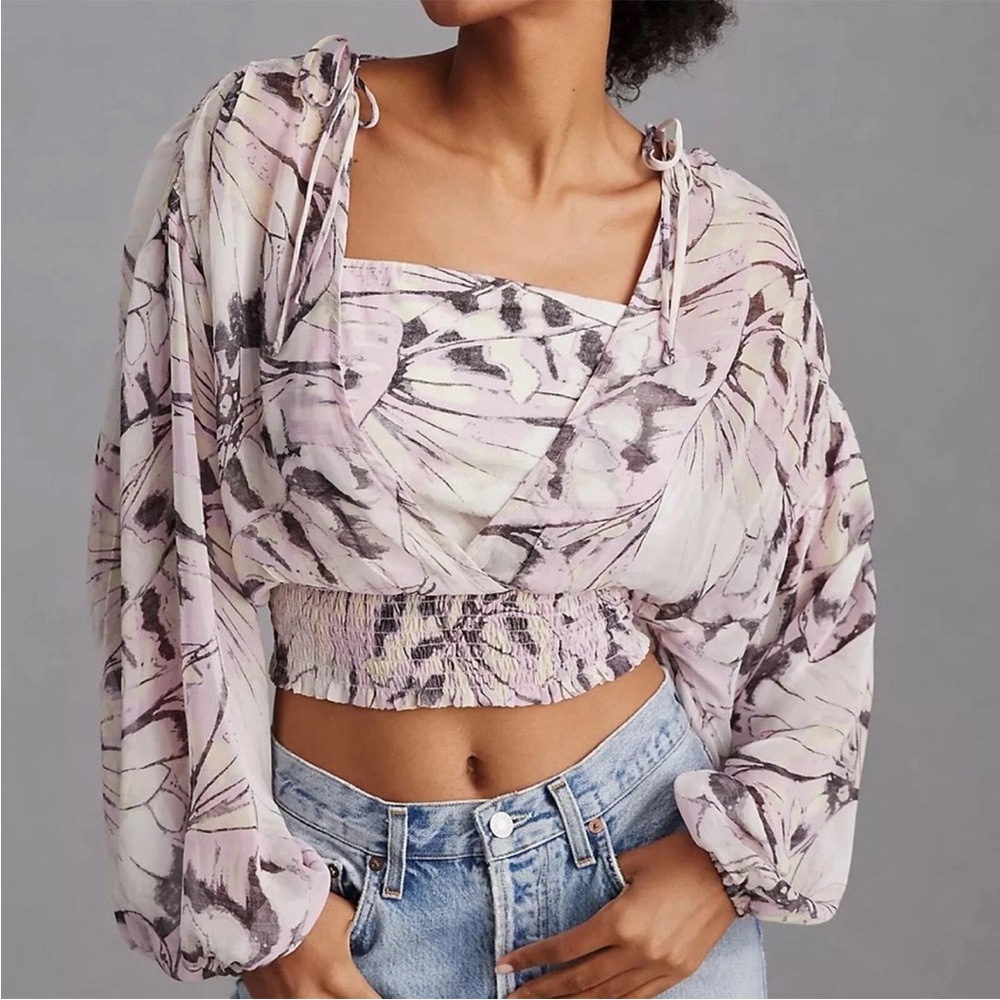 Anthropologie Floral Pink White Pattern Flowy Peasant Top Long-Sleeve SMALL NWT